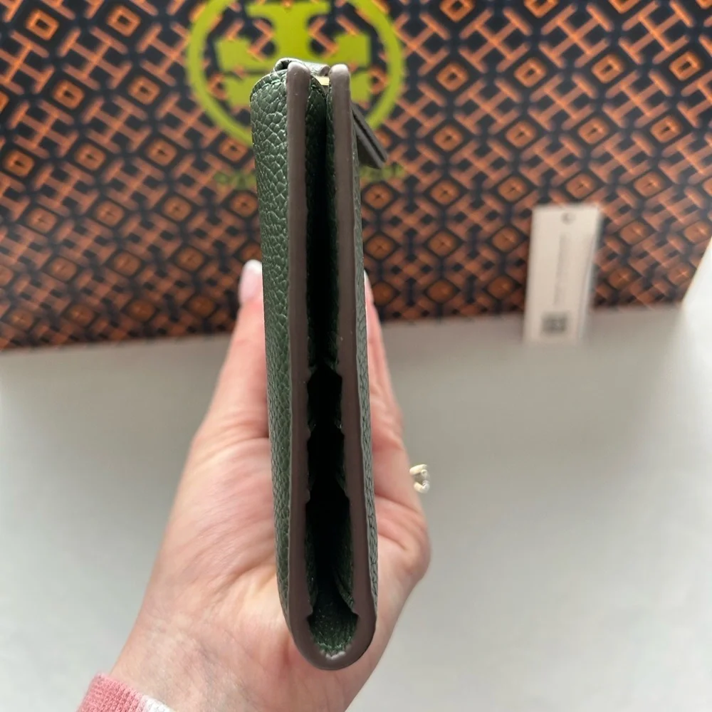 Tory Burch Blake Color Block Slim Envelope Wallet Basil Gold Dark Green